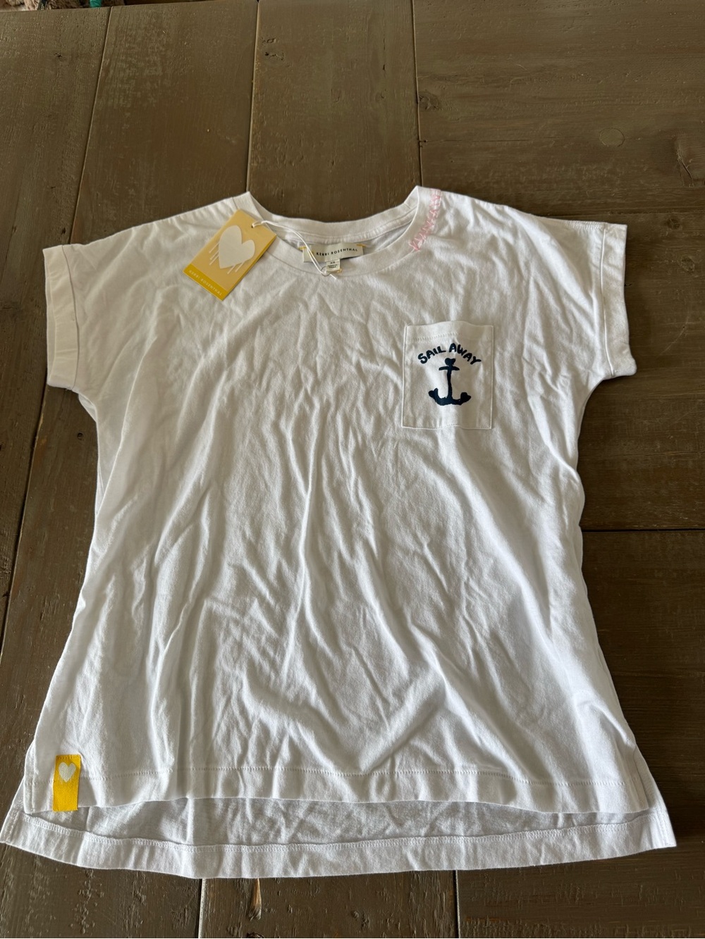 KERRI ROSENTHAL Sail Away White Pocket Tee w Cuffed Sleeve & Pink Stitching XS